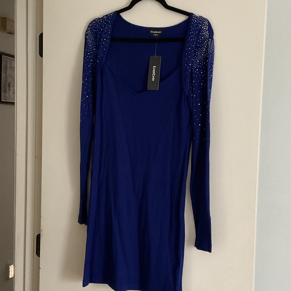 bebe Royal Blue Long Sleeve Dress with Shoulder Crystal Accents